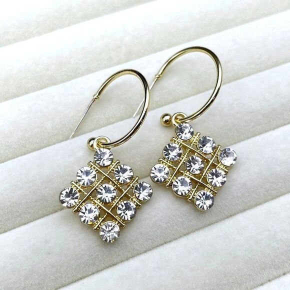 Yellow Gold with White Diamond Crystal Rhombus Dangling Hoop Post Back Earrings - Picture 6 of 9